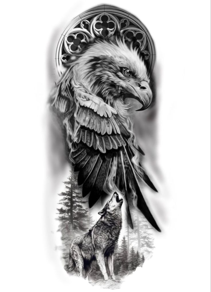 an eagle with a wolf on it's back is shown in black and white