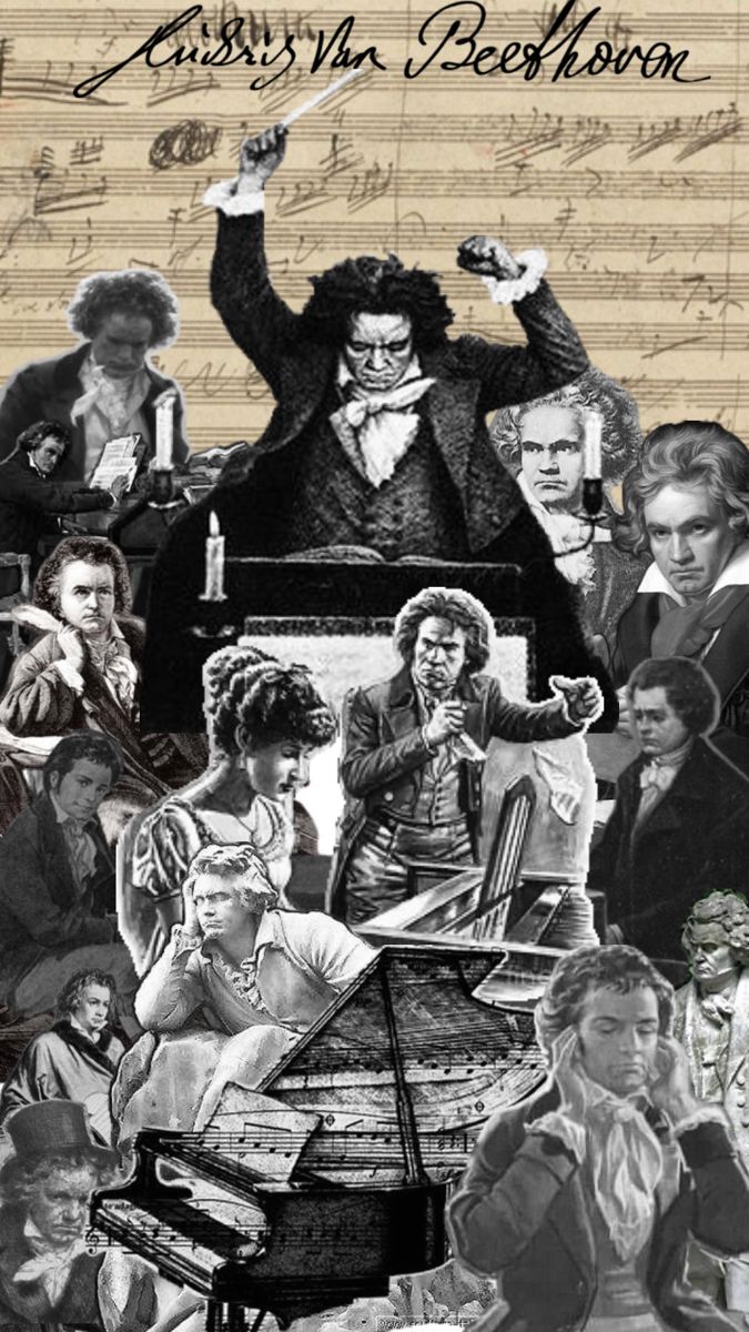 a collage of various musical instruments and people in front of sheet music with words written on it