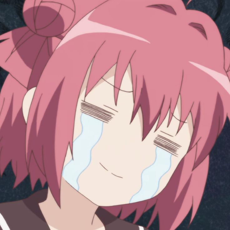 an anime character with pink hair and tears on her face, staring at the camera