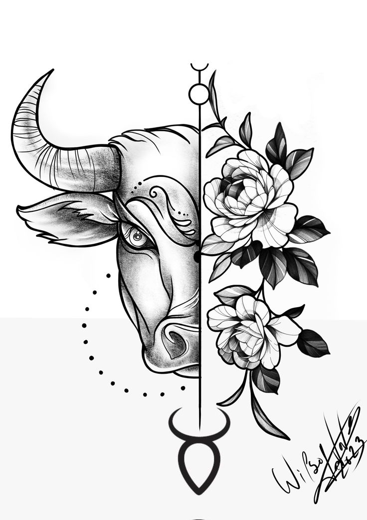 a bull head with flowers and vines on it's side is shown in black ink