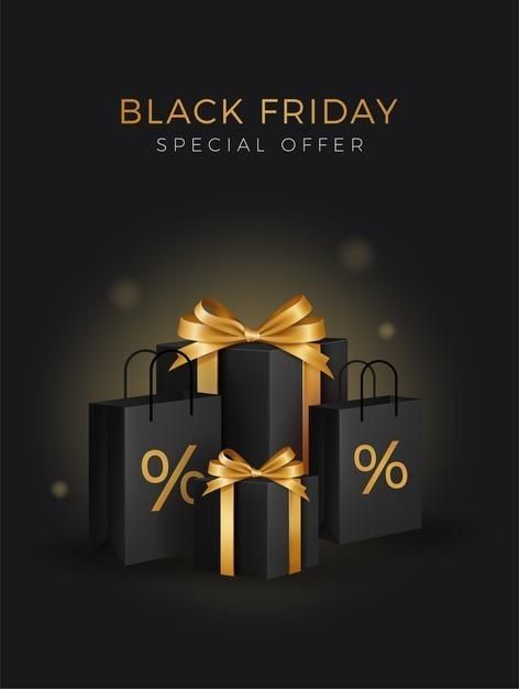 black friday special offer with gold ribbon and gift bags on dark background - kostenus stock - grafikes und bilder