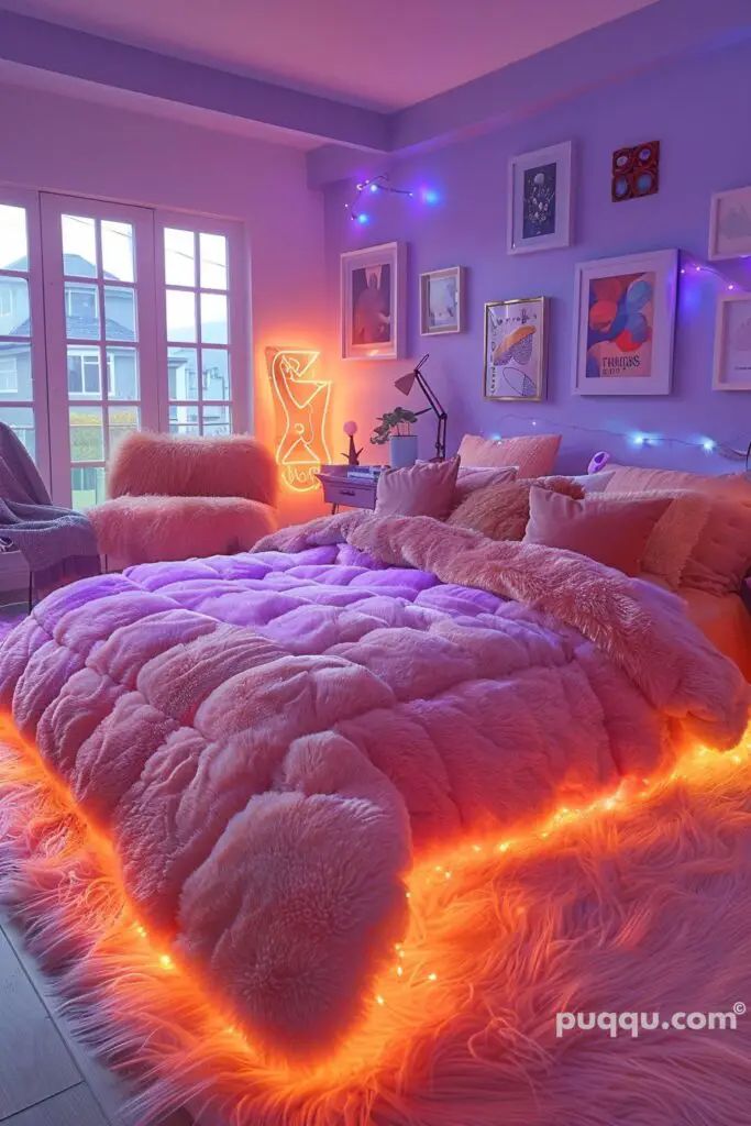 a bed with pink fur and lights on it