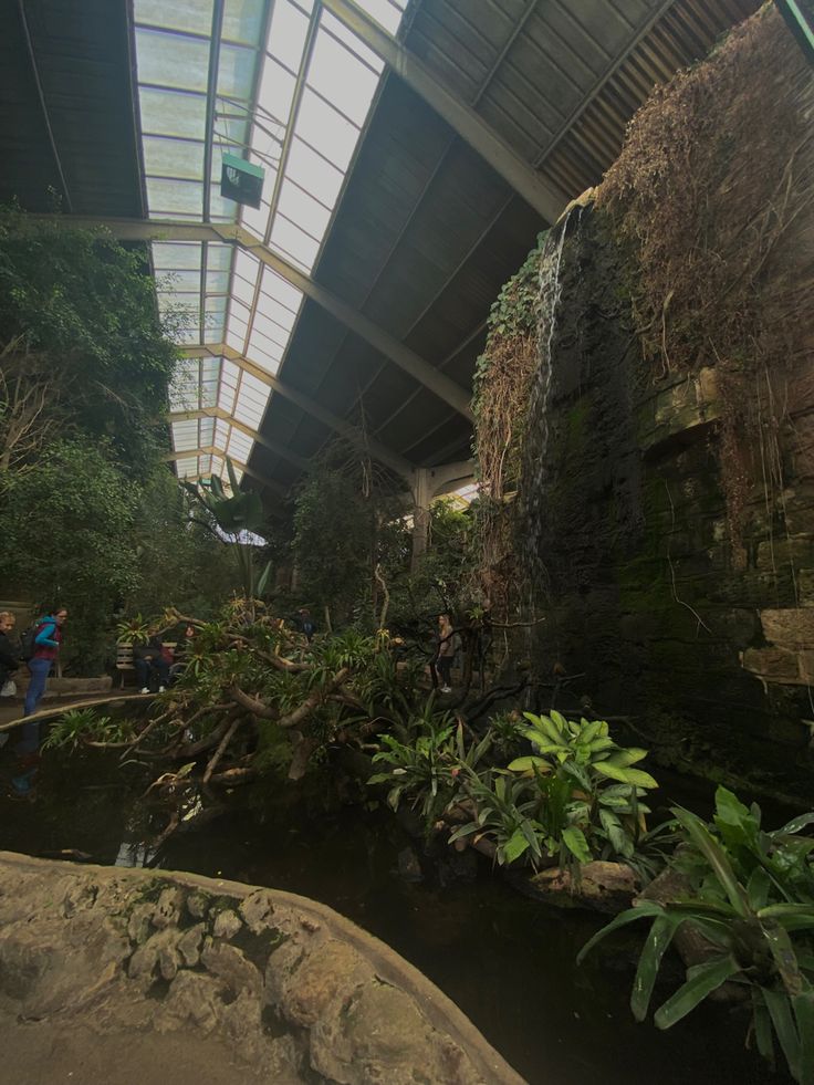 the inside of a building with plants and people standing around it in front of a waterfall