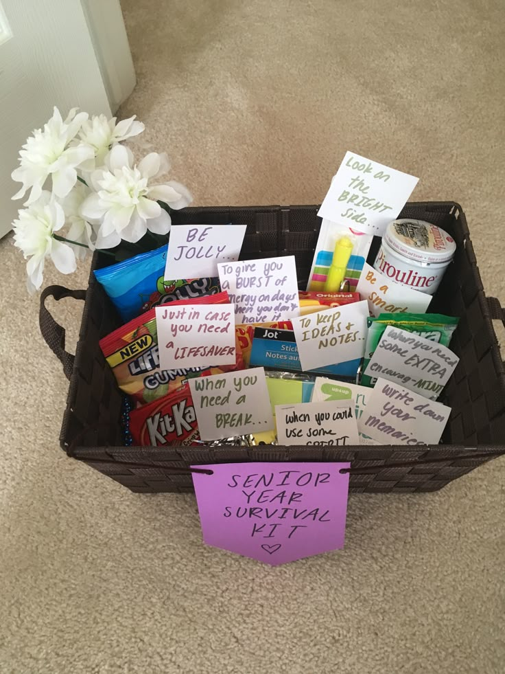 a brown basket filled with lots of different types of food and notes on the side