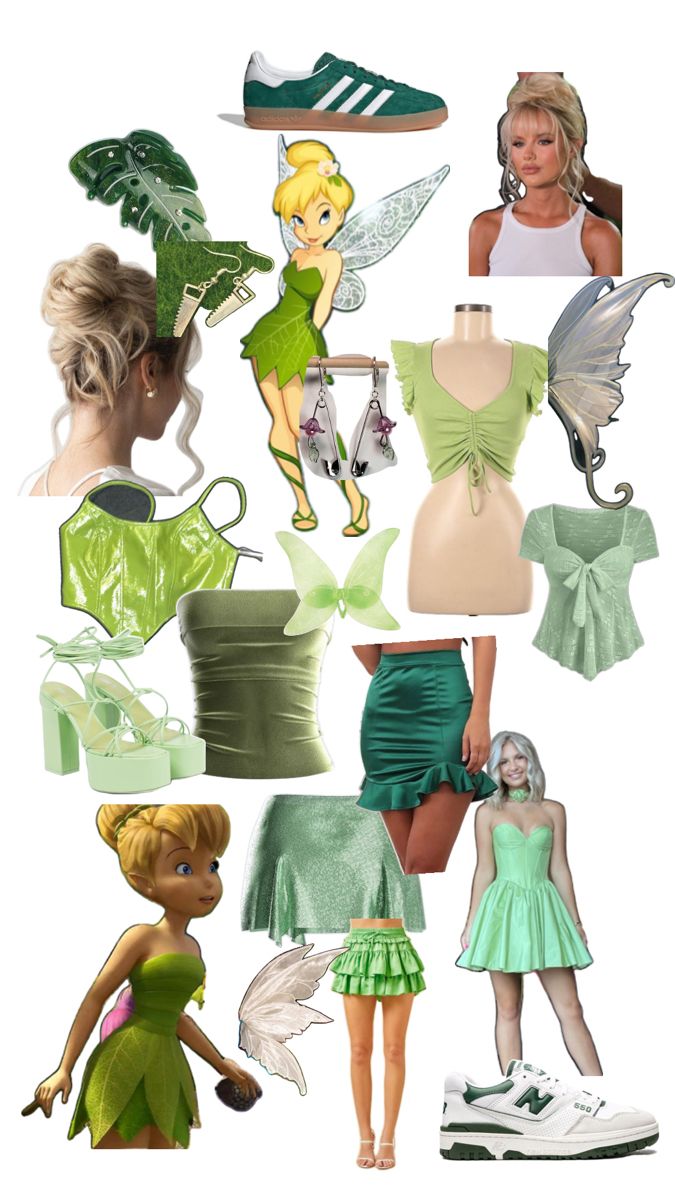 a collage of different types of clothes and shoes with the words tinkerbell on them