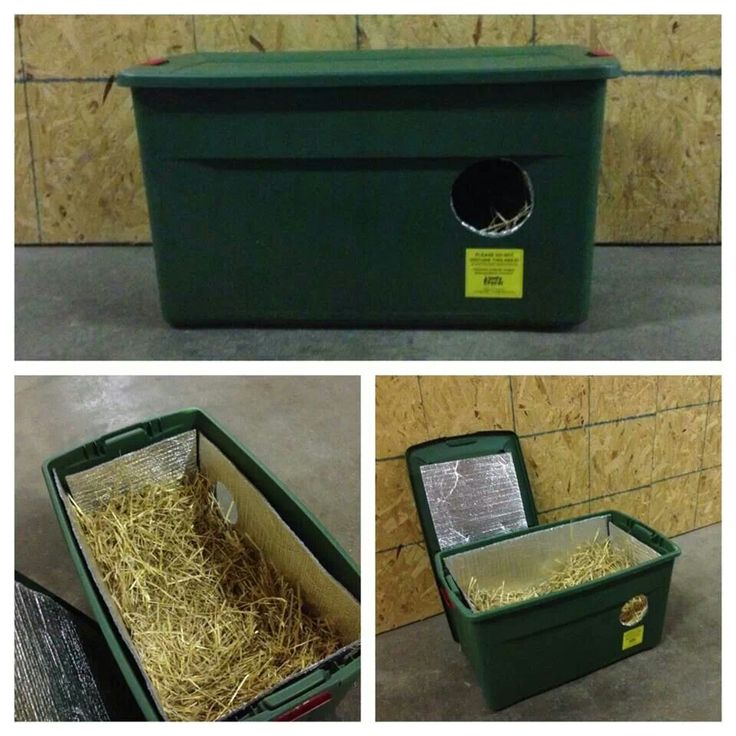 three pictures of a green box with straw in it and another photo of hay inside