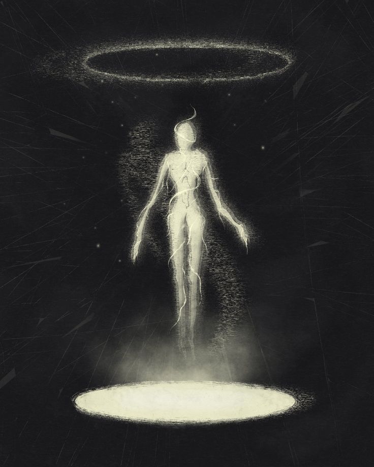 a drawing of a person standing in front of an object with light coming from it