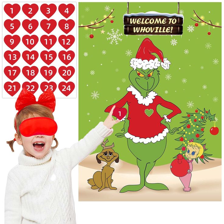 PRICES MAY VARY. 【PIN THE HEART ON THE Christmas GAME】Christmas is coming,have you get something to make kids busy?This kids Christmas games is a nice idea. Package include 1 PCS pin the heart on the Christmas game poster, 24PCS reusable Christmas hearts stickers, 1 PCS eye mask,4 PCS dot glues.Just enjoy your Ohhhh Christmas time! 【AS A GIFT Christmas PARTY GAMES FOR KIDS】Great choice for you to as a gift for your little kids to make their friendship closer.Teachers,parents and the church could Outdoor Christmas Games, Games For Kids Christmas Party, Kids Christmas Party Games, Party Games Christmas, Christmas Party Games For Kids, Christmas Party Activities, Grinch Christmas Party, Games Christmas, Grinch Party