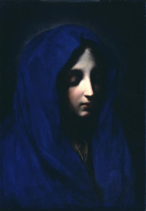 a painting of a woman wearing a blue shawl