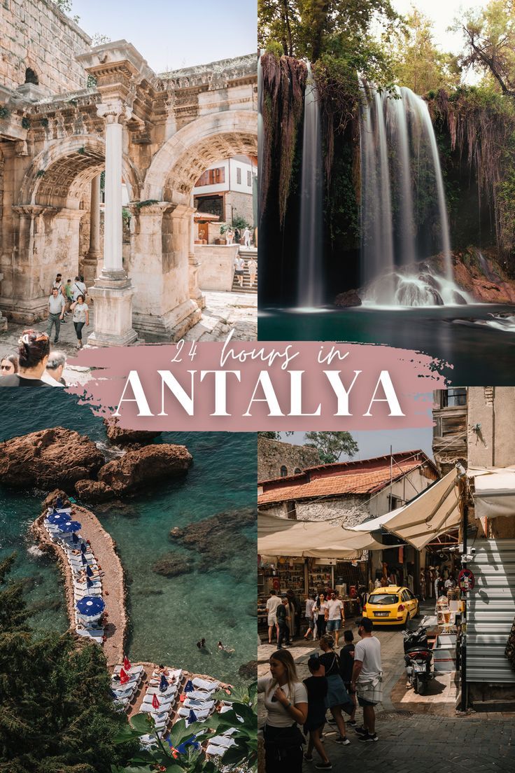 people are walking around in front of a waterfall and the words, things to do in antalya