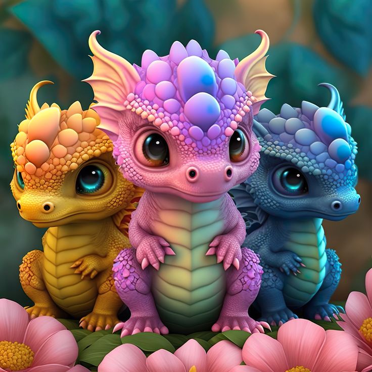 three cute little dragon sitting next to each other in front of pink and blue flowers