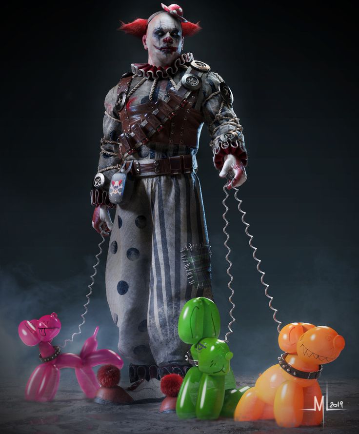 a creepy clown standing in front of some balloons and an animal toy on a string