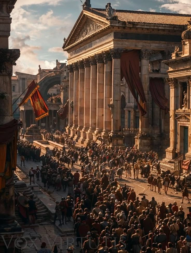 a crowd of people walking down a street next to tall buildings with flags on them