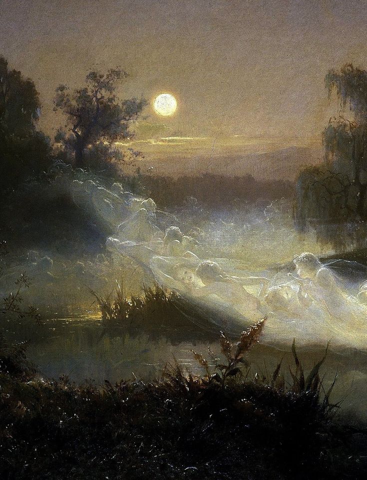 a painting of the sun setting over a river with waves crashing in front of it