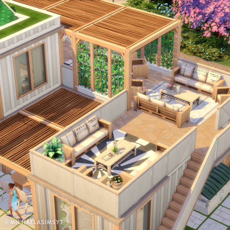 an artist's rendering of a large house with lots of furniture and plants on the roof