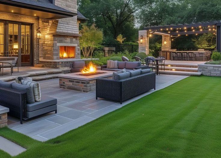 an outdoor patio with seating and fire pit