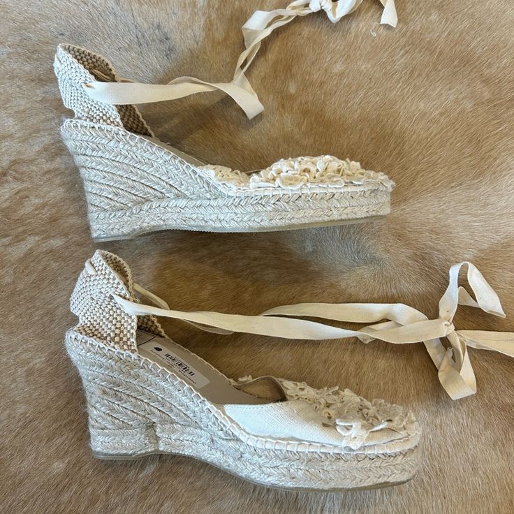 Lace Up Wedges. Good Condition, Never Worn. Two Sizes, 38 & 40. Lace Wedges, Floral Wedges, Pink Fairy, Lace Up Wedges, Pretty Shoes, Womens Shoes Wedges, Cream White, Women's Fashion, Wedges