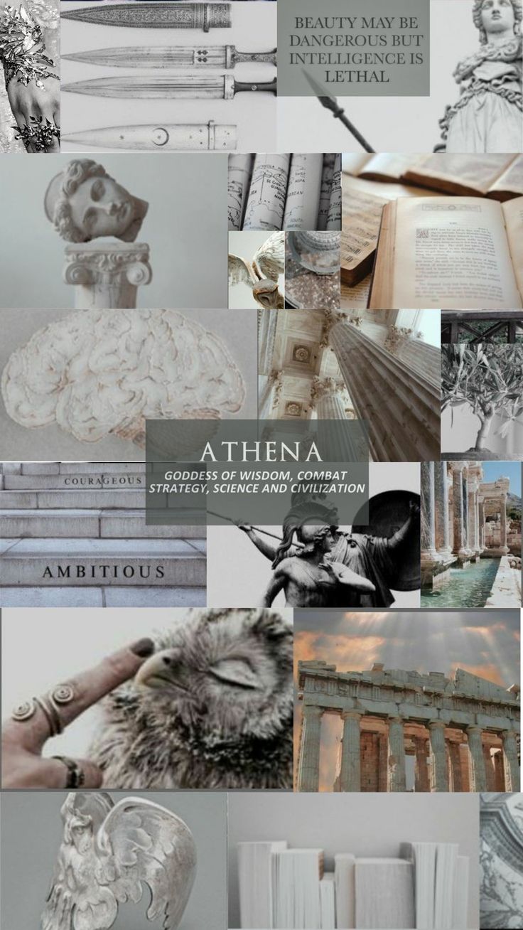 the collage has many different pictures and words on it, including an image of a statue