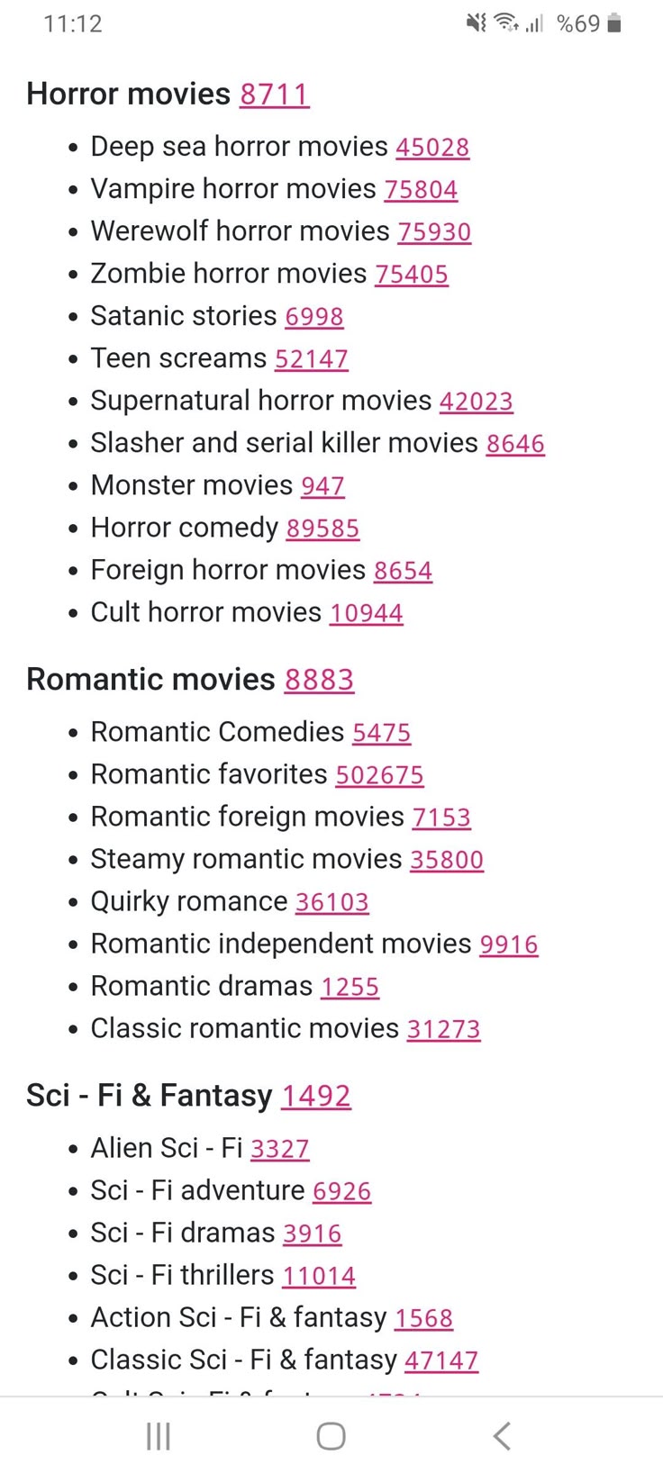 an iphone screen with the text horror movies list in pink and black on white background