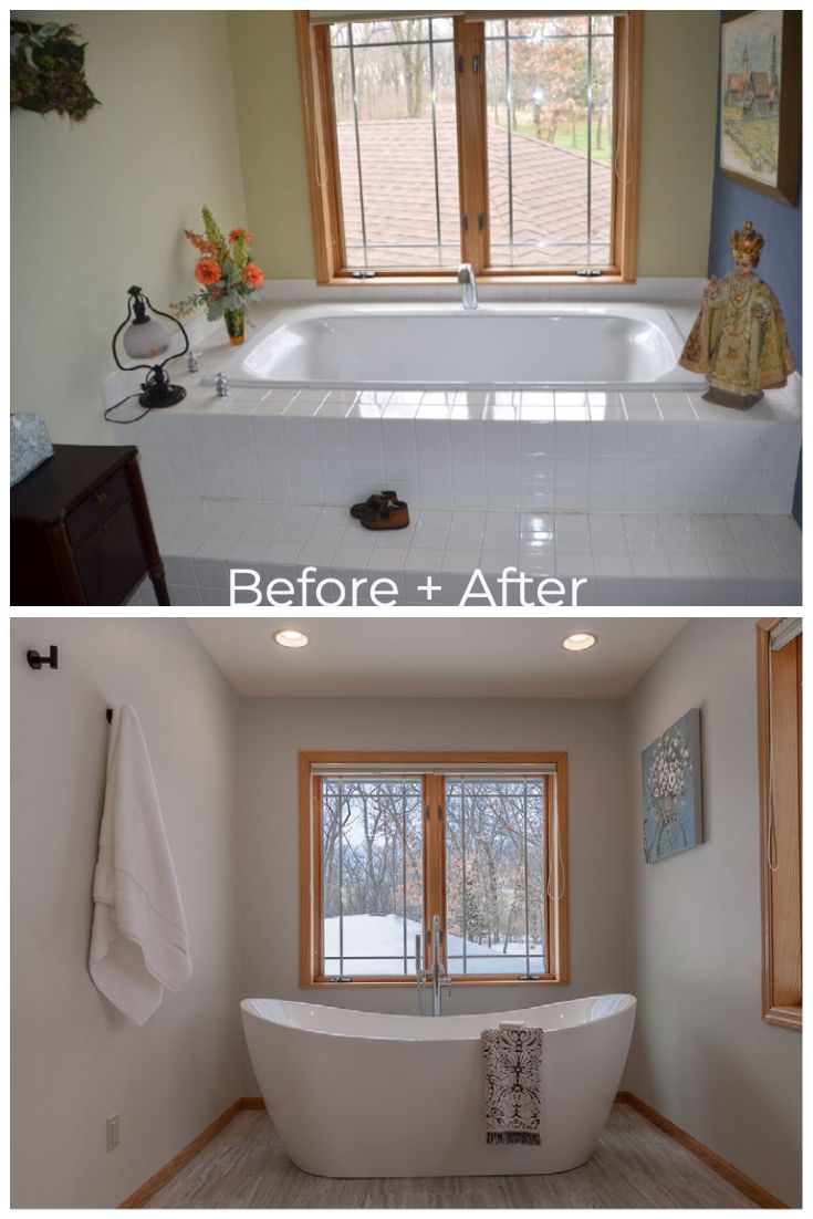 before and after pictures of a bathroom remodel with tub, windows, and sink