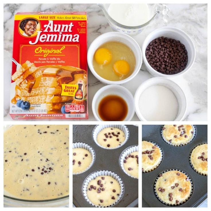 the ingredients for chocolate chip muffins are shown in separate pictures and then placed on top of each other