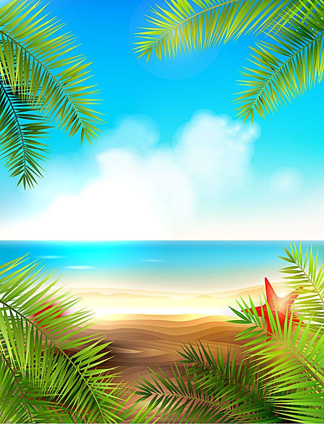 a tropical beach scene with palm trees and the ocean in the backgroung