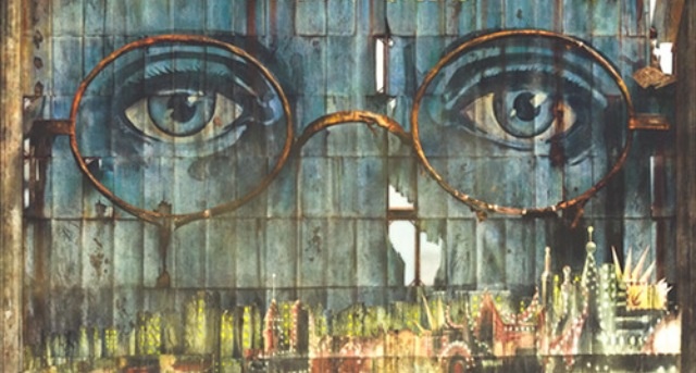 an image of two large eyes on a building with metal bars in front of it