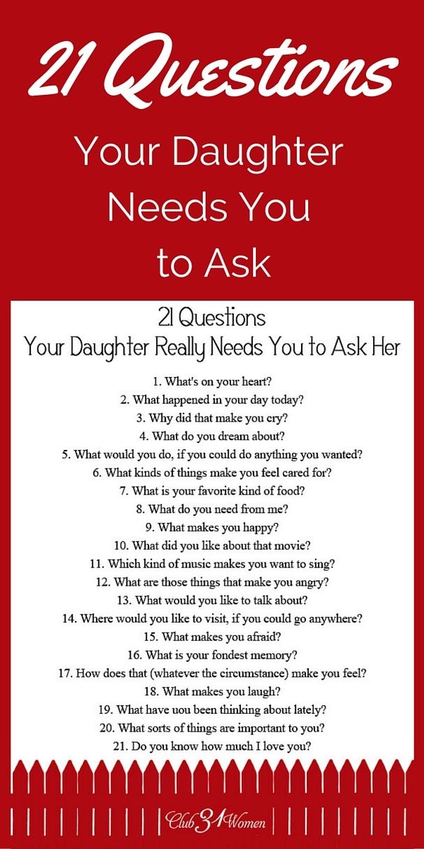 a red and white poster with the words 21 questions your daughter needs you to ask