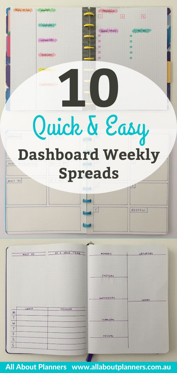 an open notebook with the title 10 quick and easy dashboard weekly spreads