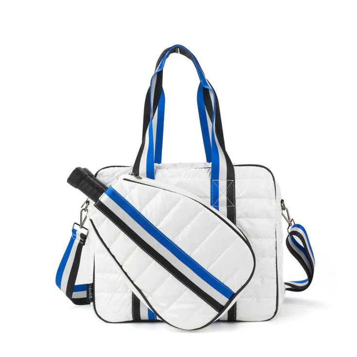 a white bag with blue and black stripes