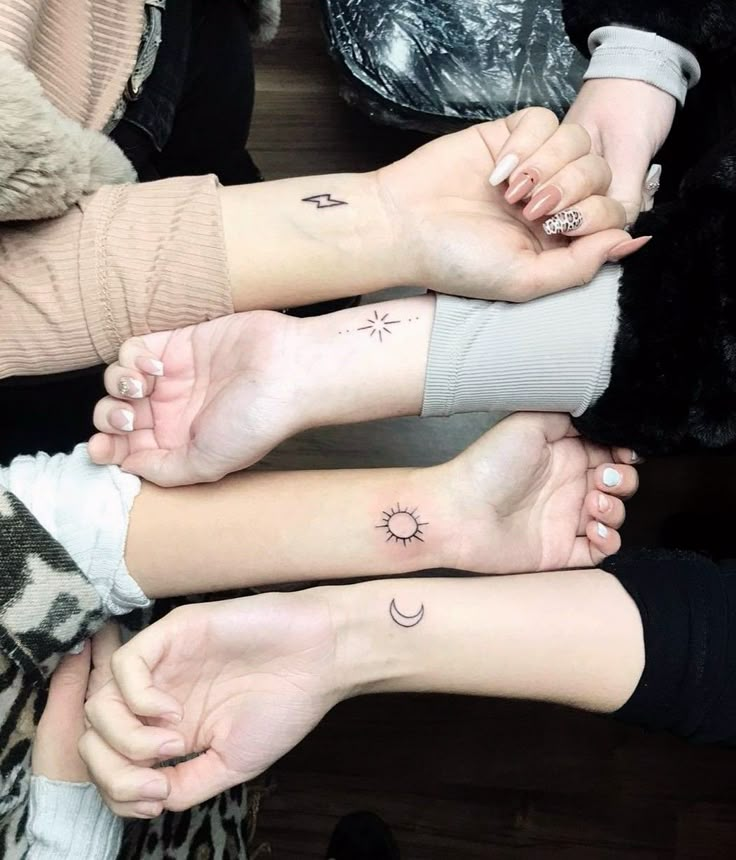 Matching Tattoos 4 Friends, Four Matching Tattoos Best Friends, Friendship Tattoos 4 Friends, Small Tattoos For 4 Best Friends, Tattoo For Four Siblings, Matching Tattoos For Best Friends Of 4, Sun Moon Star Lightning Tattoo, Matching Tattoos For 4 Cousins, Matching Tattoos For A Group Of 4