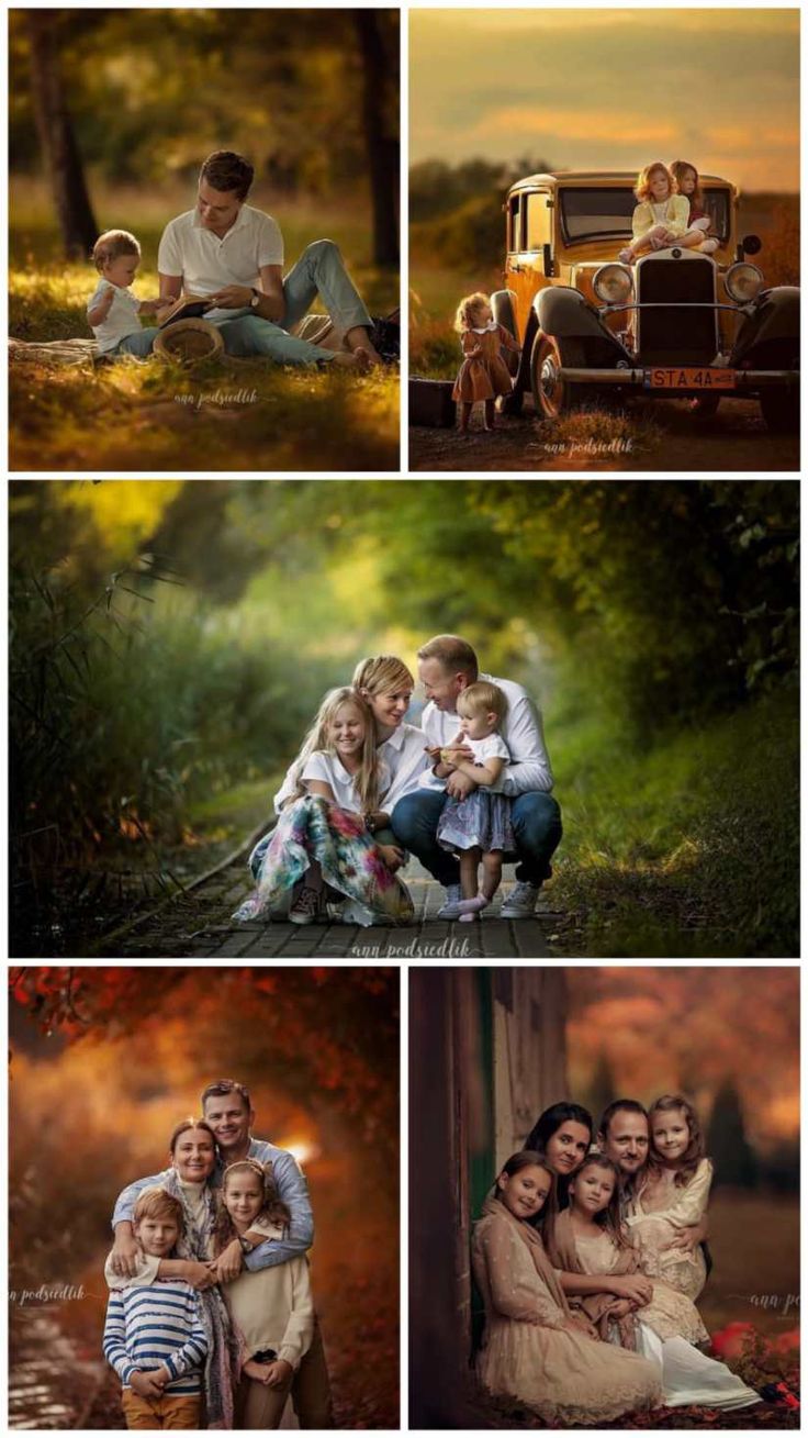 the family is posing in front of an old truck with their children and two adults