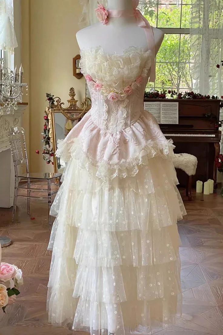 Pink Flower Goddess of Love Ruffle Bowknot Lace Sweet Elegant Lolita – LolitaInside Shoujo Clothes, Epic Dresses, Acquaintance Party, Victorian Child, Flower Goddess, Oc Dress, Cute Formal Dresses, Fantasy Dresses, Maxi Skirt Dress