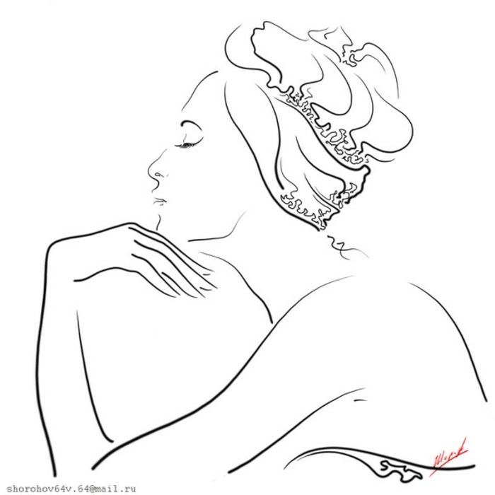 a black and white drawing of a woman with her hand on her chest, in profile