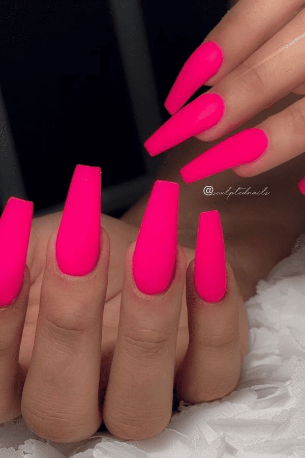 You can use bright neon nail polish colors in combination with Matte Top Coat for extra contrast and texture. This is perfect if you're looking for something bold and eye-catching! #Barbie #Nails #NailArt Matte Hot Pink Nails Coffin, Matt Neon Nails, Matt Hot Pink Nails, Summer Neon Pink Nails, Hot Pink Matte Acrylic Nails, Hot Pink Matte Nails Design, Pink Matte Nails Design, Bright Matte Nails, Watermelon Color Nails