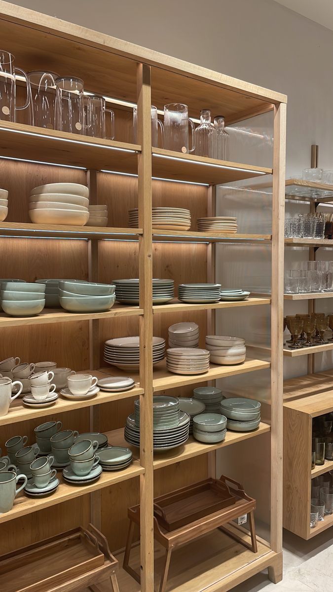 the shelves are full of dishes and cups for sale at the store or showroom