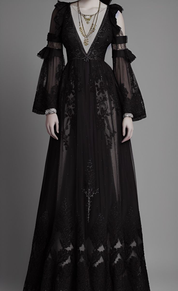 Dark Ethereal Wedding Dress, Fancy Outfits For Wedding, Flowy Goth Dress, Vanessa Ives Outfit, What To Wear To A Gothic Wedding, 18th Century Gothic Fashion, Gothic Elegant Dress, Dark Tone Outfit, Black Medevil Dresses