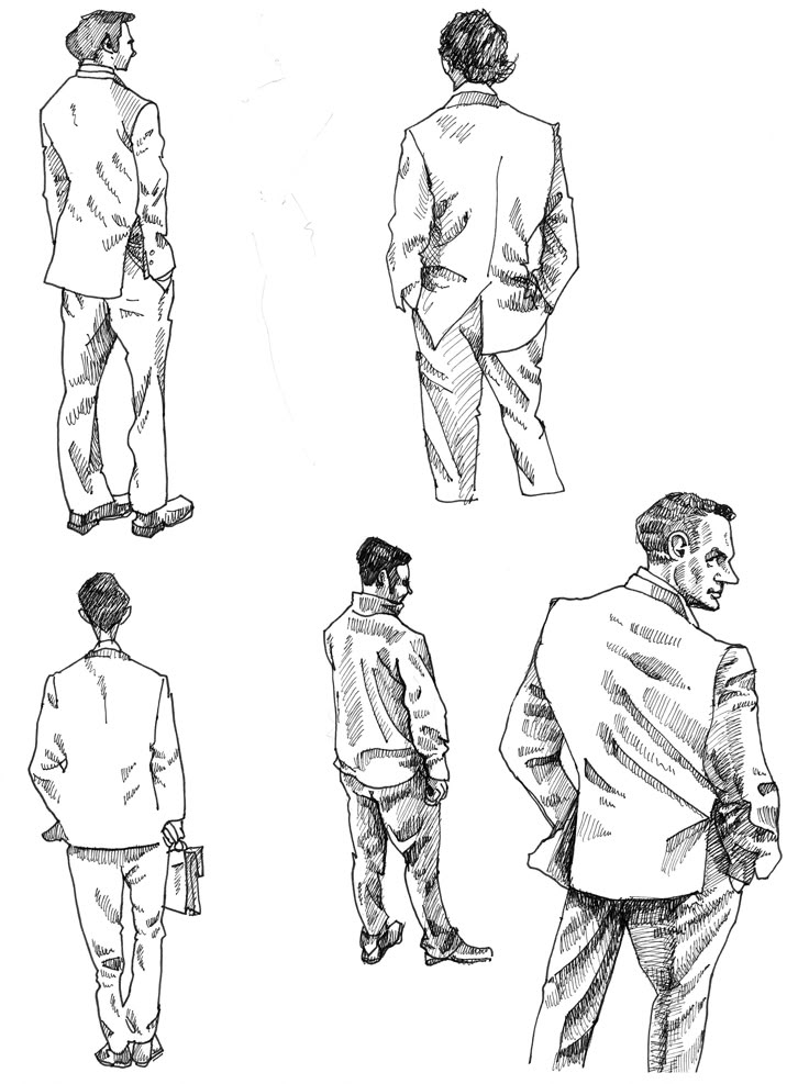 four different views of men's suits from the back, front and side view