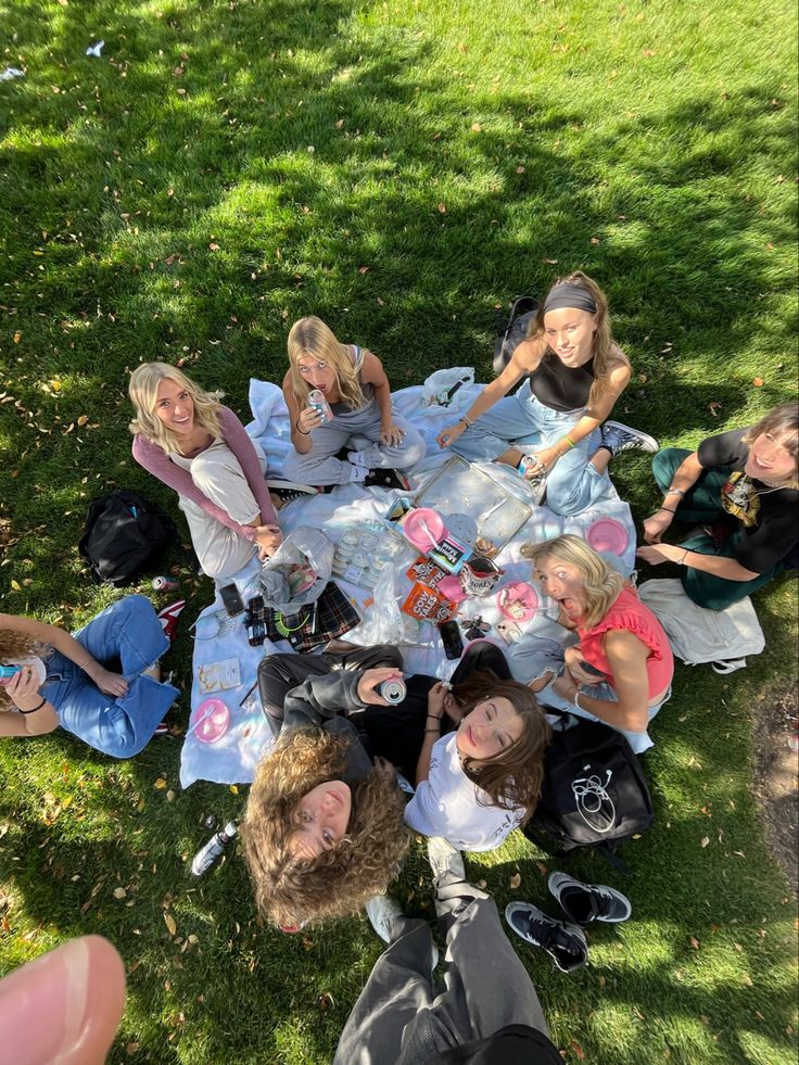 a group of people sitting around a table on top of a grass covered park area