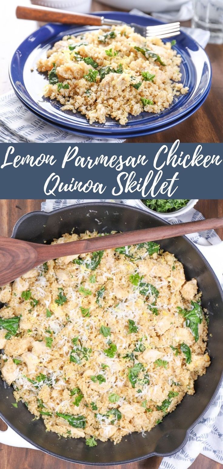 two plates with chicken and spinach skillet next to each other on a wooden table