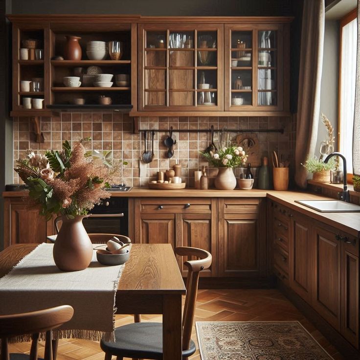 a kitchen filled with lots of wooden furniture