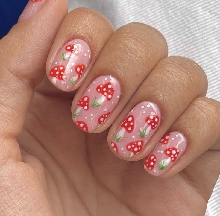 Short Nail Mushroom Designs, Nail Art Designs For Short Nails Cute, Square Mushroom Nails, Nail Mushroom Art, Acrylic Nails Mushroom Designs, Cute Mushroom Nail Designs, Mushroom Pedicure, Mushroom Nail Designs Simple, Rainbow Mushroom Nails