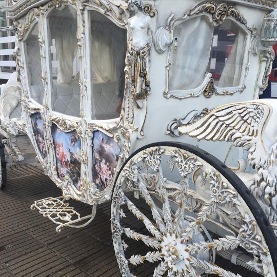 a white horse drawn carriage parked on the street