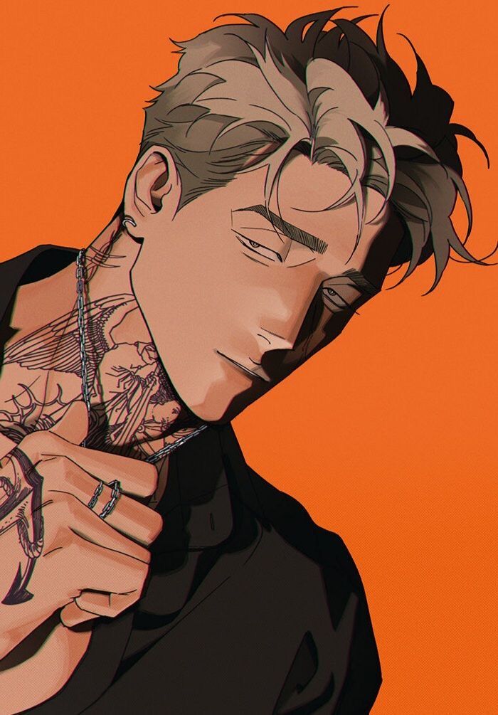 an anime character with tattoos on his chest and hands resting against his neck, looking down