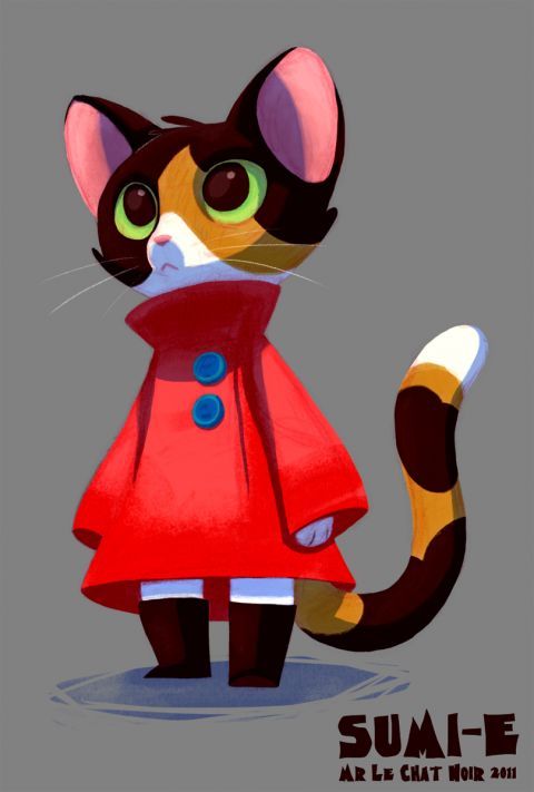 a cartoon cat wearing a red coat and standing in front of a gray background with the words sumi - e at the bottom