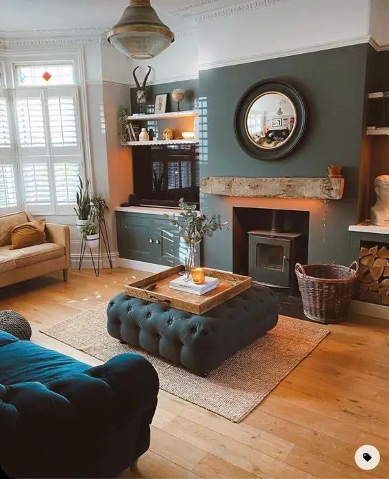 a living room filled with furniture and a fire place in the middle of a room