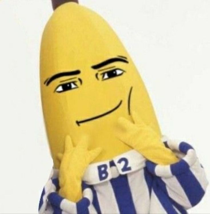 a large banana wearing a striped shirt and pointing to the side with its hand on his chin