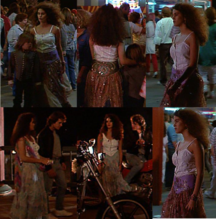 several pictures of women in different outfits on the street at night and one woman is standing next to a motorcycle