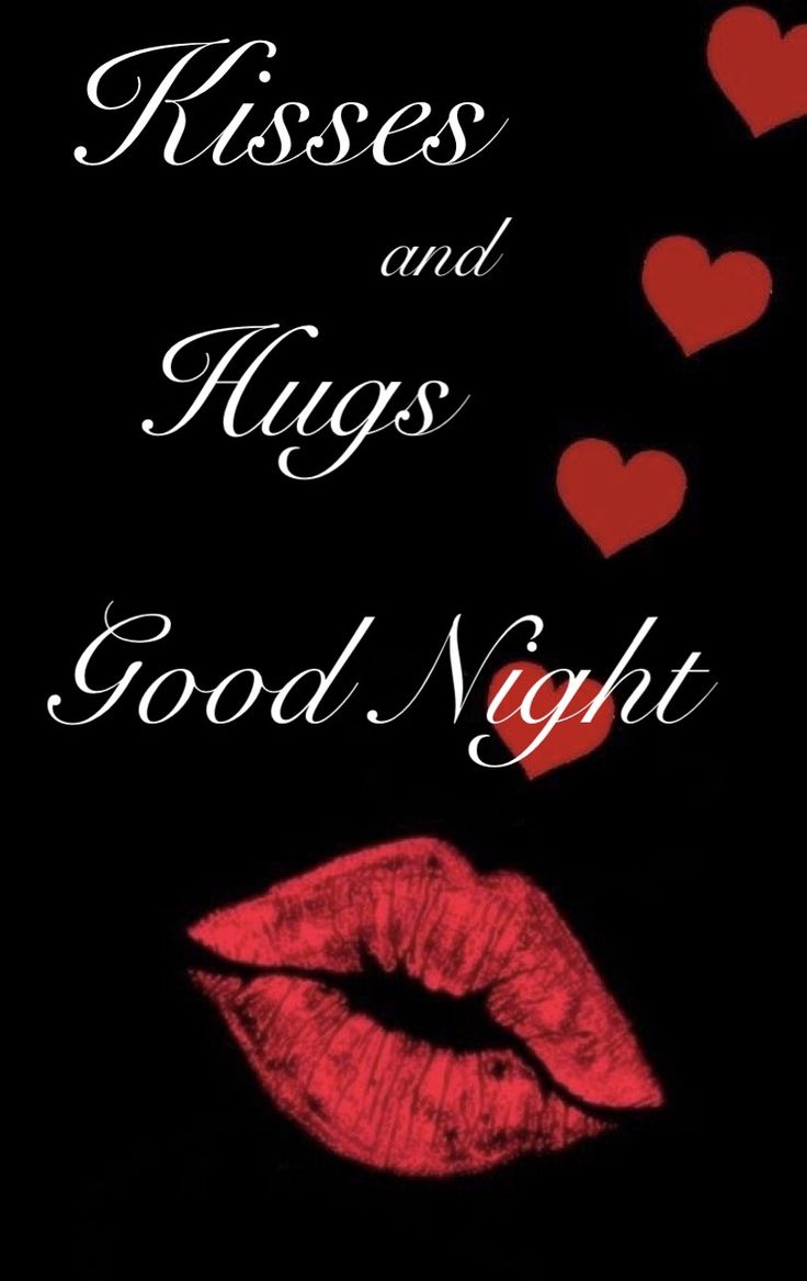 kisses and hugs good night with red lipstick on the lips, hearts in the background