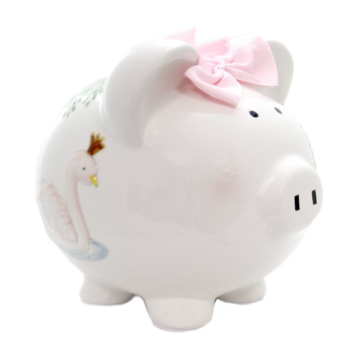 a white piggy bank with a pink bow on it's head is shown